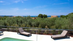 A rooftop pool area with two lounge chairs and a clear view of the sea and distant buildings. - Villa Horizont (Istria - Fažana) (Fažana)