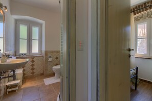 Een badkamer met een wastafel, toilet en douche.