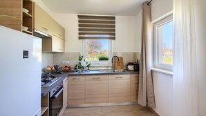Eine moderne Küche mit Einbauofen, Spüle und Fenster mit Blick ins Freie.