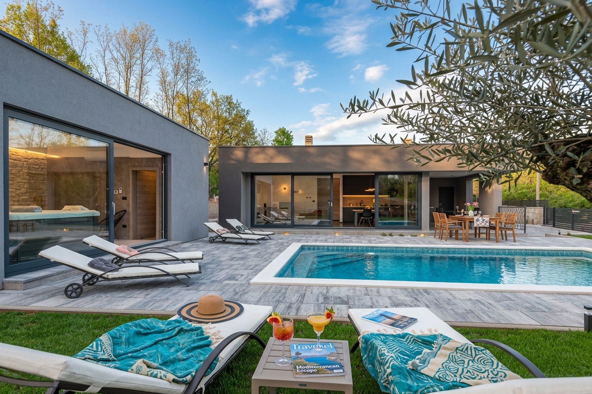 A modern outdoor pool area with lounge chairs, a dining table, and a book titled 'Travokel.'