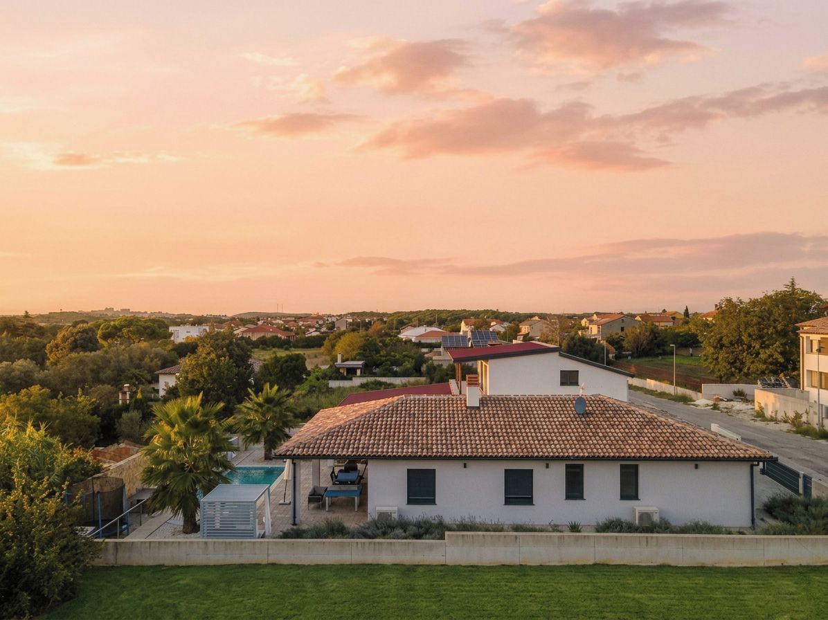A residential property with a tiled roof, a swimming pool, and a view of the surrounding neighborhood.