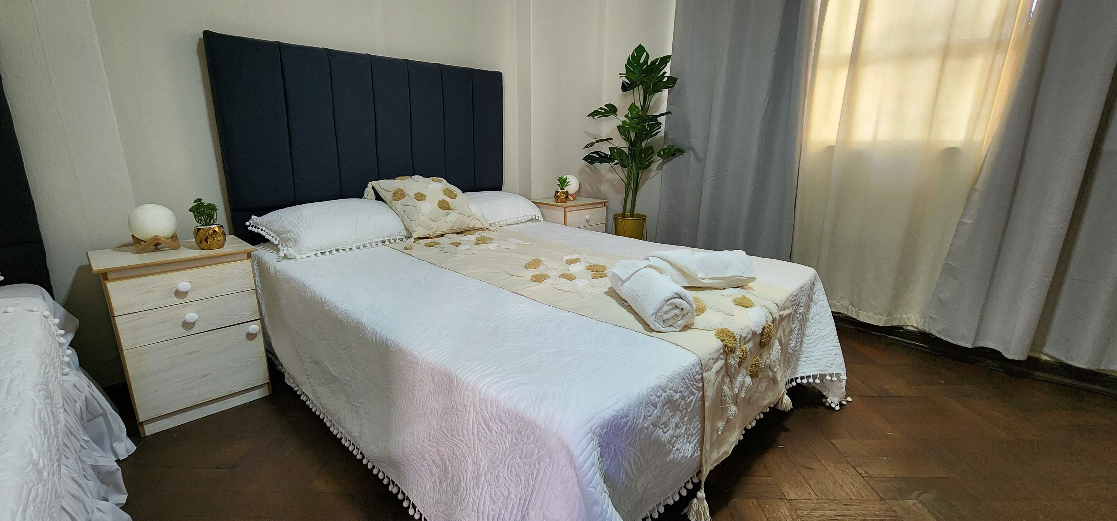 A neatly made bed with a white duvet and decorative pillows, a bedside table with a plant and a small lamp, and a large window with curtains.