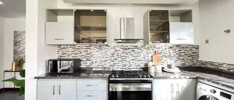 Fridge, microwave, oven, stovetop