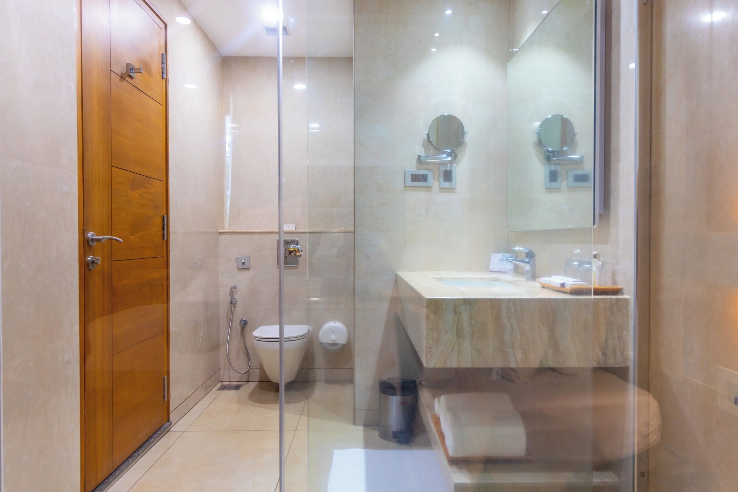 A modern bathroom with a wooden wardrobe, a glass shower enclosure, a toilet, and a sink with a mirror.