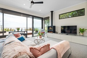 Smart TV, caminetto, libri