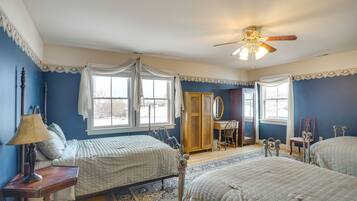 8 bedrooms, desk, laptop workspace, iron/ironing board