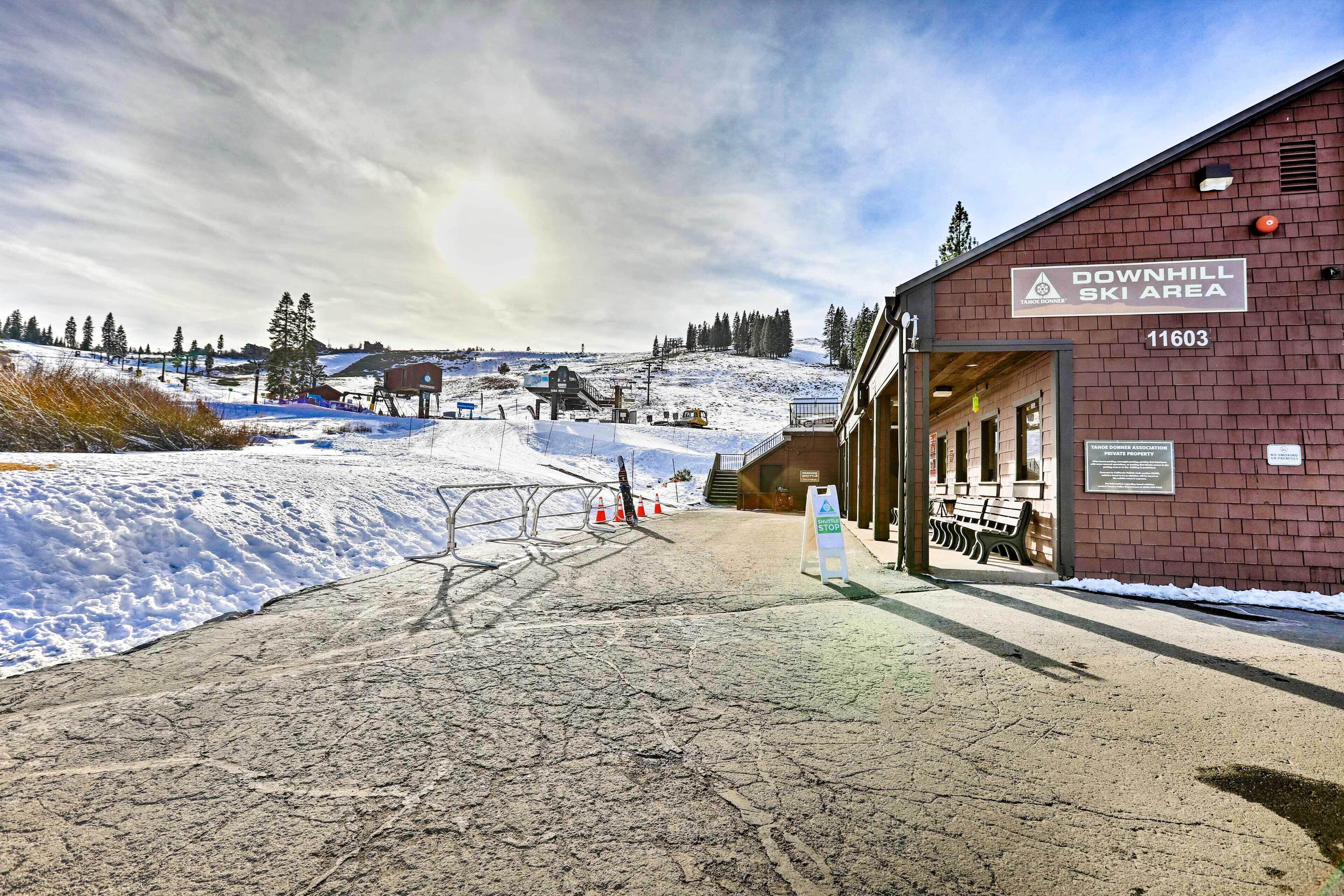 A building labeled 'Downhill Ski Area' with a sign indicating it is private property.