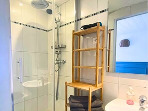Bathroom features a glass-enclosed shower, handheld showerhead, and wall-mounted faucet.