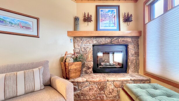 A cozy living room with a stone fireplace, a framed picture above it, and a window with blinds. - Townhouse with the amazing views!  Garage, 3 bedroom, Hot Tub! (Mount Crested Butte)