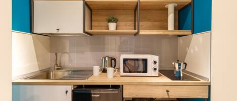 Fridge, microwave, electric kettle, cookware/dishes/utensils