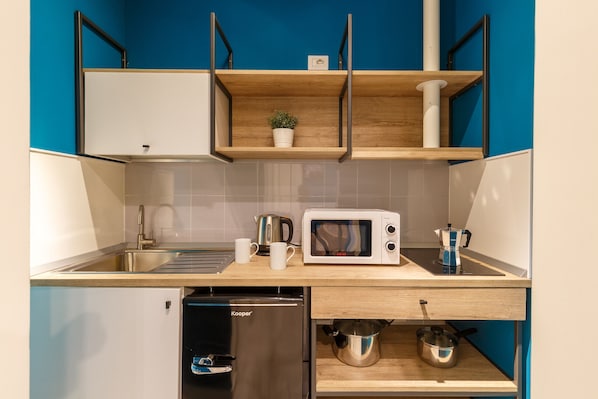Fridge, microwave, electric kettle, cookware/dishes/utensils