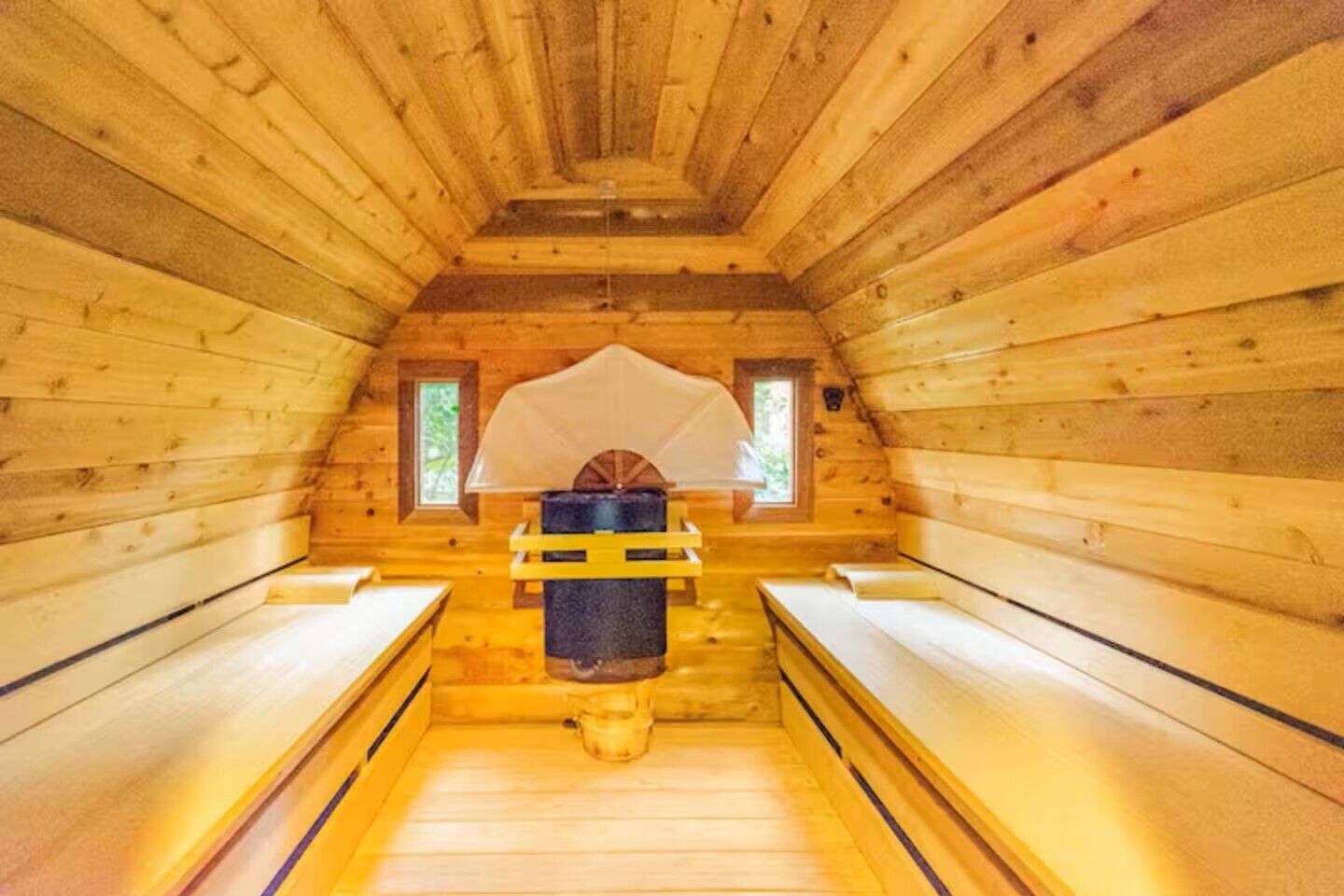 Een sauna met houten wanden en banken, een centrale kachel en twee ramen.