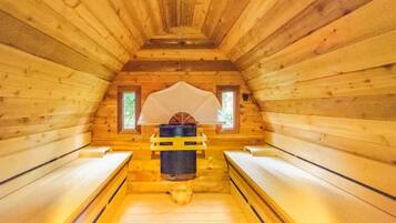 Een sauna met houten wanden en banken, een centrale kachel en twee ramen.