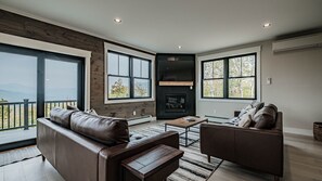 Smart TV, fireplace, foosball