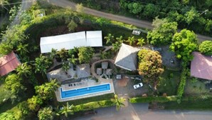 Vista aérea de una propiedad con piscina, zona exterior cubierta y abundante vegetación.