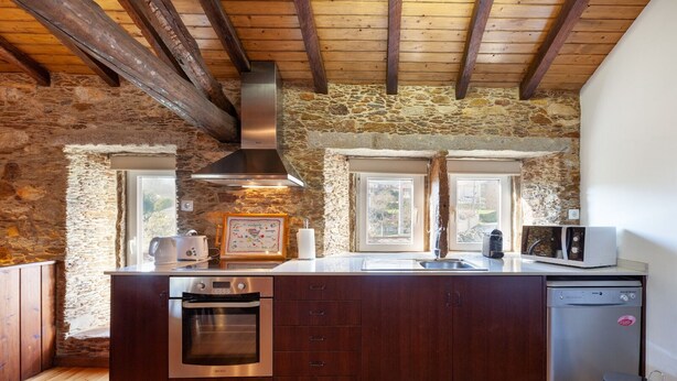 A rustic kitchen with stone walls, wooden beams, a built-in oven, a microwave, and a dishwasher. - Loft Casinha - old barn in a rural area (Caminha)