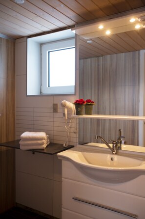 Suihku, hiustenkuivaaja, pyyhkeet, saippua