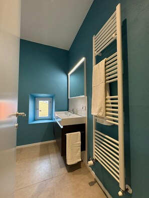 Shower, hair dryer, bidet, towels