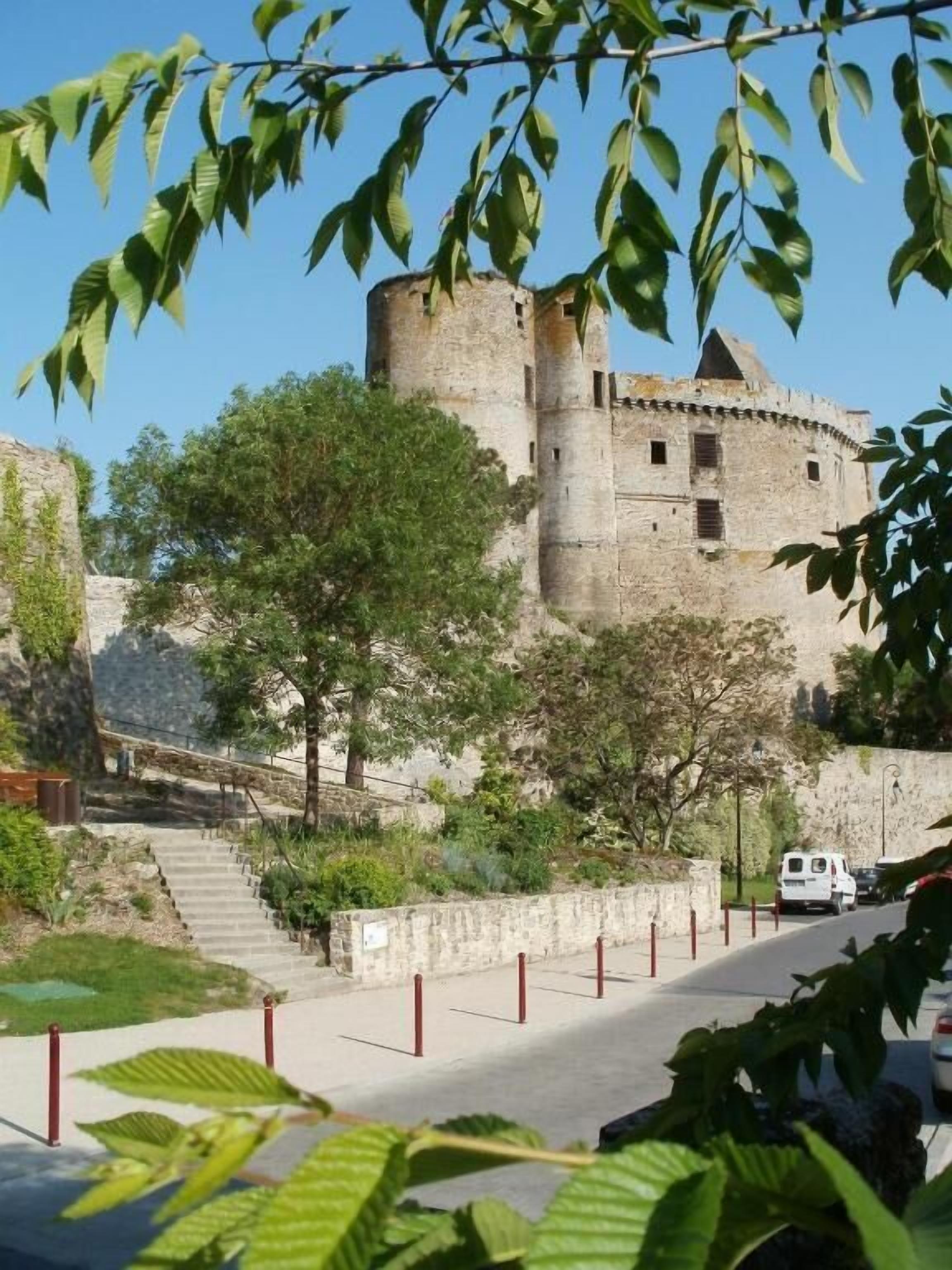 Un château historique en pierre, doté d’une tour circulaire, entouré de verdure et bordé d’un chemin pavé.