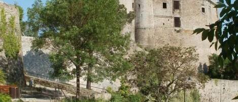 Un château historique en pierre, doté d’une tour circulaire, entouré de verdure et bordé d’un chemin pavé.