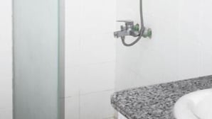 Een douche met glazen deur, een wandmengkraan en een wastafel op een granieten aanrecht.