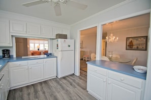 Fridge, microwave, dishwasher, coffee/tea maker