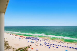 A beach with rows of umbrellas and beach chairs, a sandy shore, and the ocean.