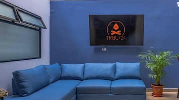 Una sala moderna con un sofá azul, una planta en maceta y un televisor de pantalla plana montado en la pared que muestra el texto 'TRIBU724'.
