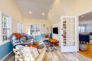 Televisión, chimenea, libros