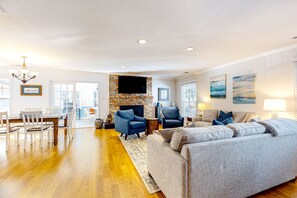 Televisión, chimenea, libros