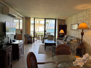 Een televisie, een dvd-speler, boeken en een stereo