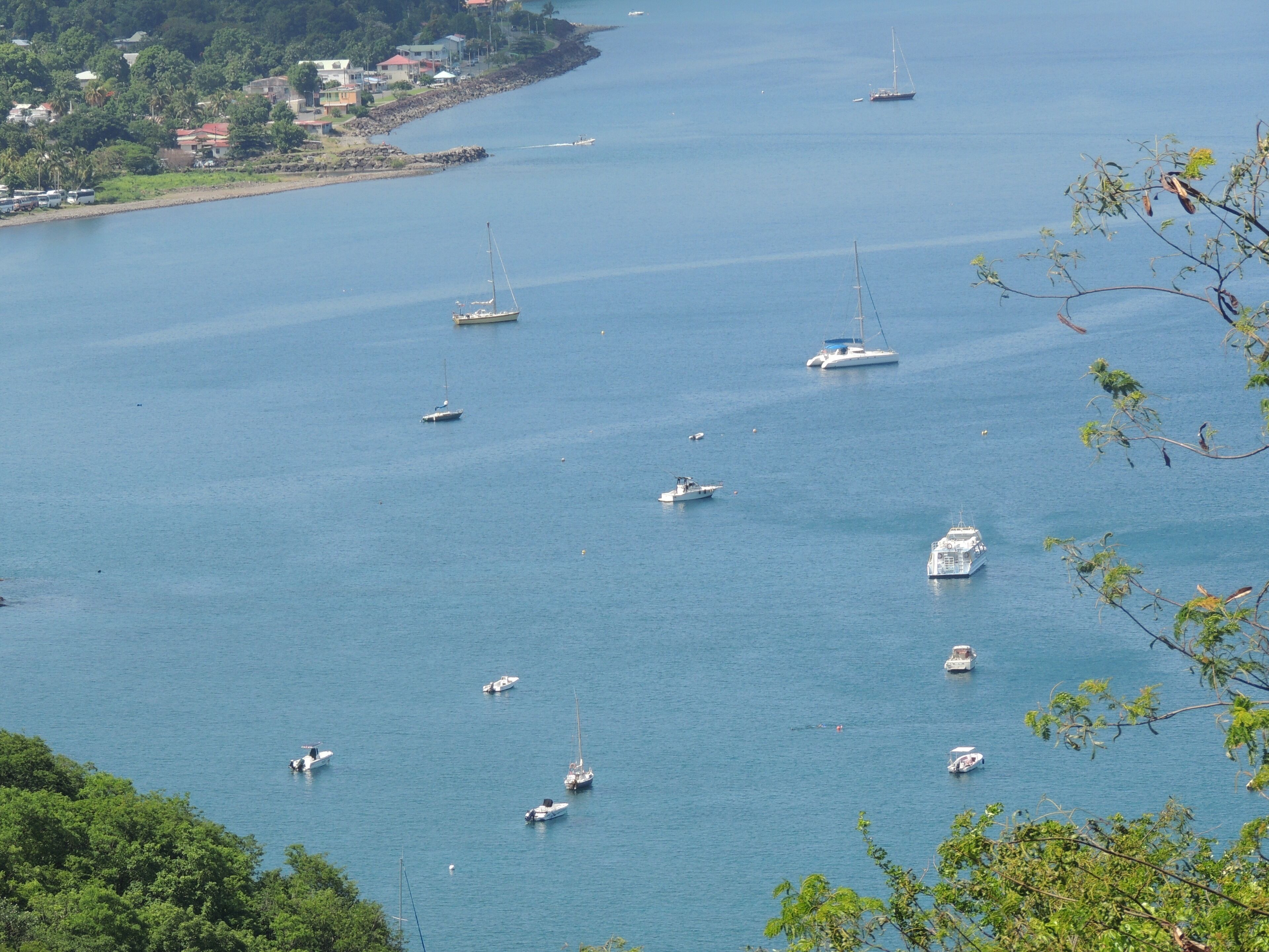 A coastal area with multiple boats anchored in calm waters, surrounded by greenery and a few buildings in the background.