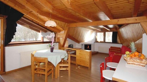 Interior em madeira com mesa de jantar, cadeiras, lareira e uma janela.