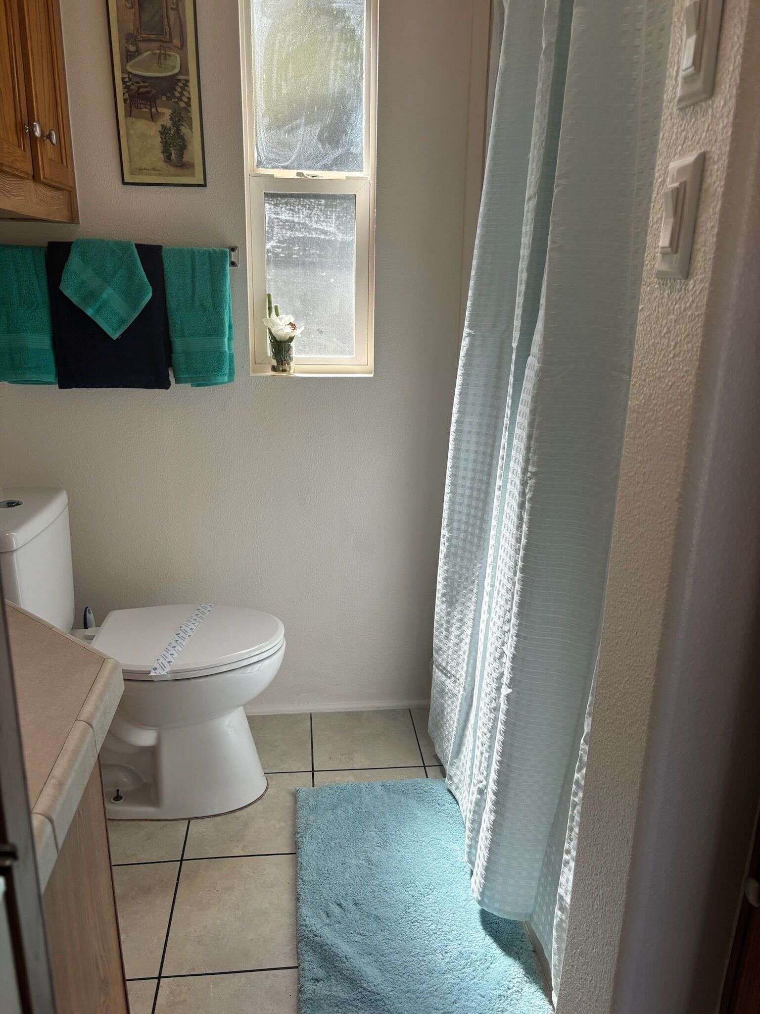 Douche, sèche-cheveux, serviettes fournies, savon