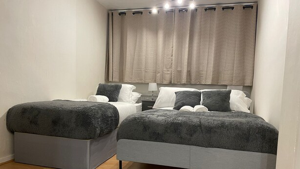 A bedroom with two beds, a grey and white color scheme, a patterned rug, and a window with curtains. - Walk to Lcy Airport/ Excel /dlr 1Br Flat (London)