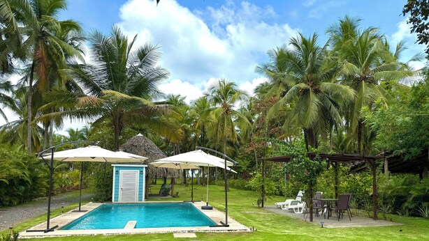 A swimming pool with a thatched-roof hut, surrounded by palm trees and a well-maintained lawn. - Villa Cielo, Casa de Playa Frente al mar (Provincia de Puntarenas)