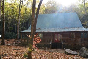 A cabin with a metal roof, surrounded by trees and a forested area. - Creekside log cabin near Lake Chatuge & Blue Ridge (Hayesville)