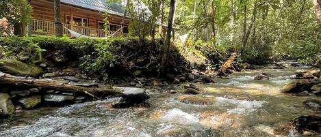A wooden cabin with a metal roof, surrounded by dense forest and a flowing stream.