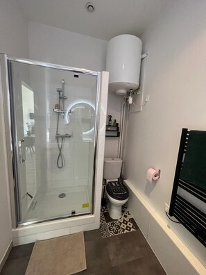 Shower, hair dryer, towels