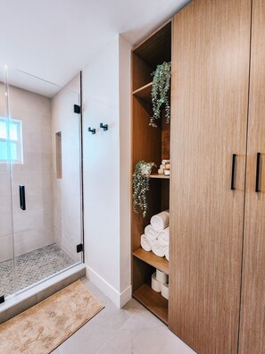 Shower, hair dryer, towels, soap