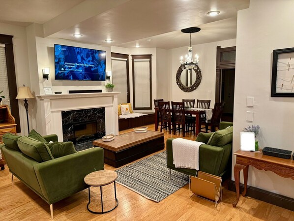 Smart TV, fireplace, books