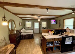 A cozy room with a bed, a desk with a computer, a television, and a kitchen area with a stove and cabinets. - FAST WI-FI Sardis Lake Cabin (Como)