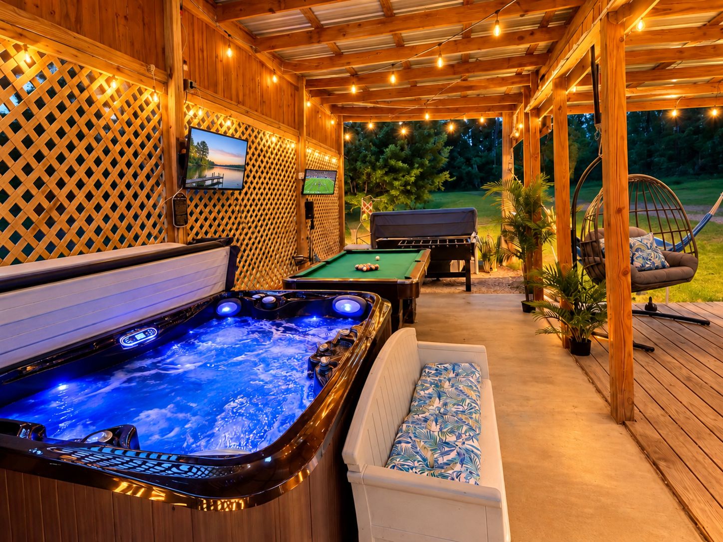 Een houten terras met een jacuzzi, pooltafel en een zitgedeelte buiten.
