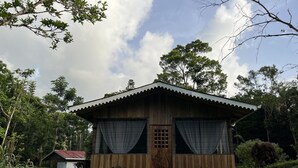 A wooden cabin with a peaked roof, large windows with curtains, and a front door with a decorative panel. - El Zota Hotel (Rita)