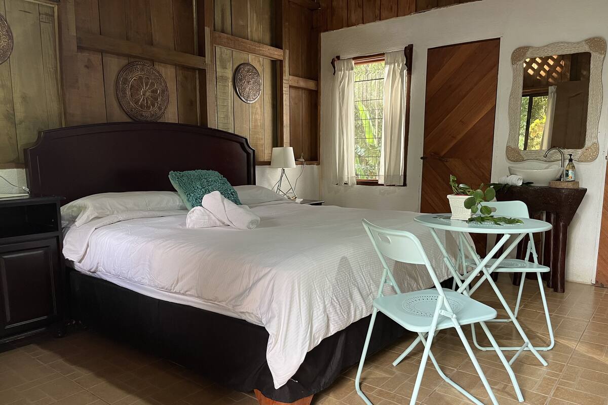 A bedroom with a bed, a nightstand, a table with chairs, a sink, and decorative plates on the wall.
