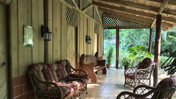 A covered porch with wicker furniture, a wooden door, and a view of lush greenery. - El Zota Hotel (Rita)
