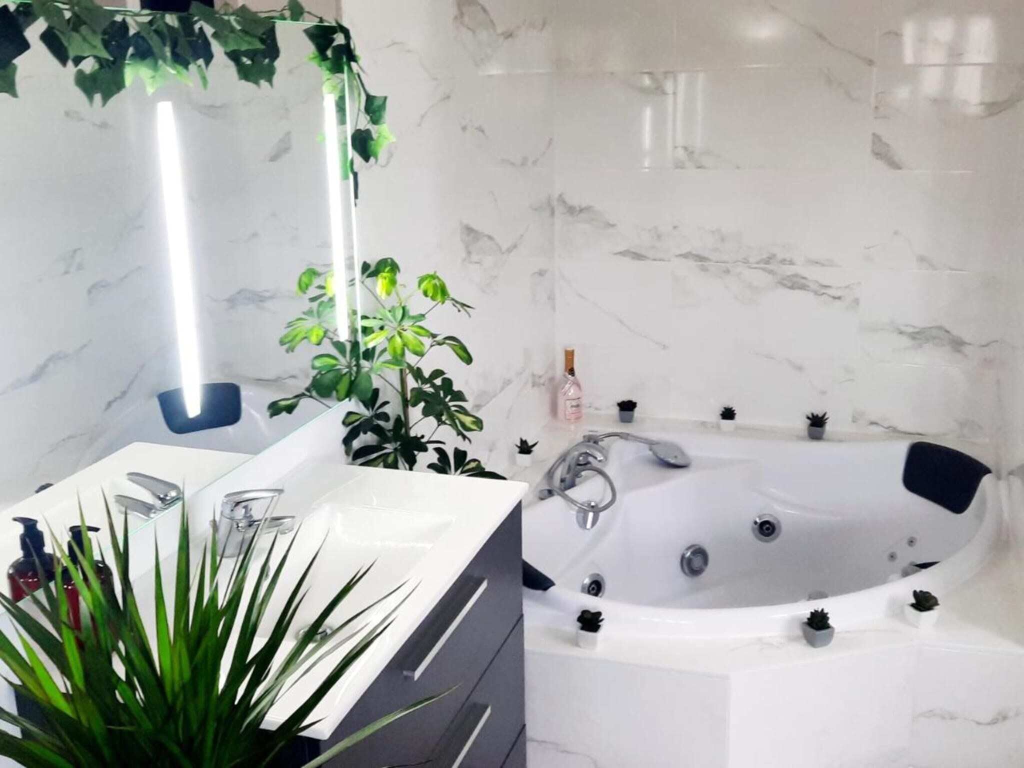 Un baño con lavamanos de mármol blanco, una bañera grande y una planta en maceta.