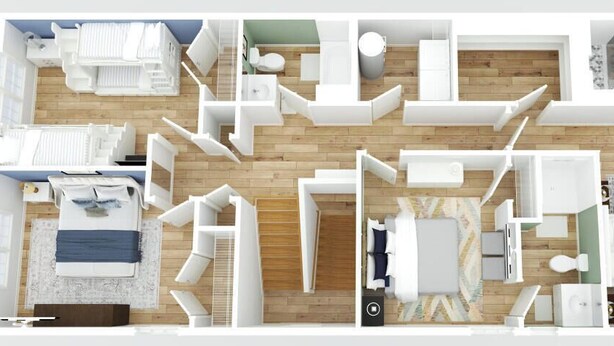 A floor plan of a hotel room with a bed, a desk, a chair, a wardrobe, a bathroom, and a small sitting area. - Grand Strand 5BR Retreat | Heated Pool | Steps to Garden City Beach (Murrells Inlet)