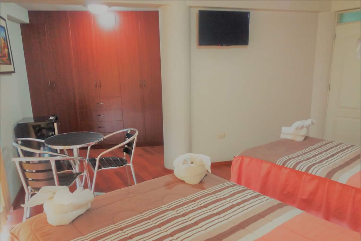 A room with a bed, a small table with chairs, a television, and a wardrobe.