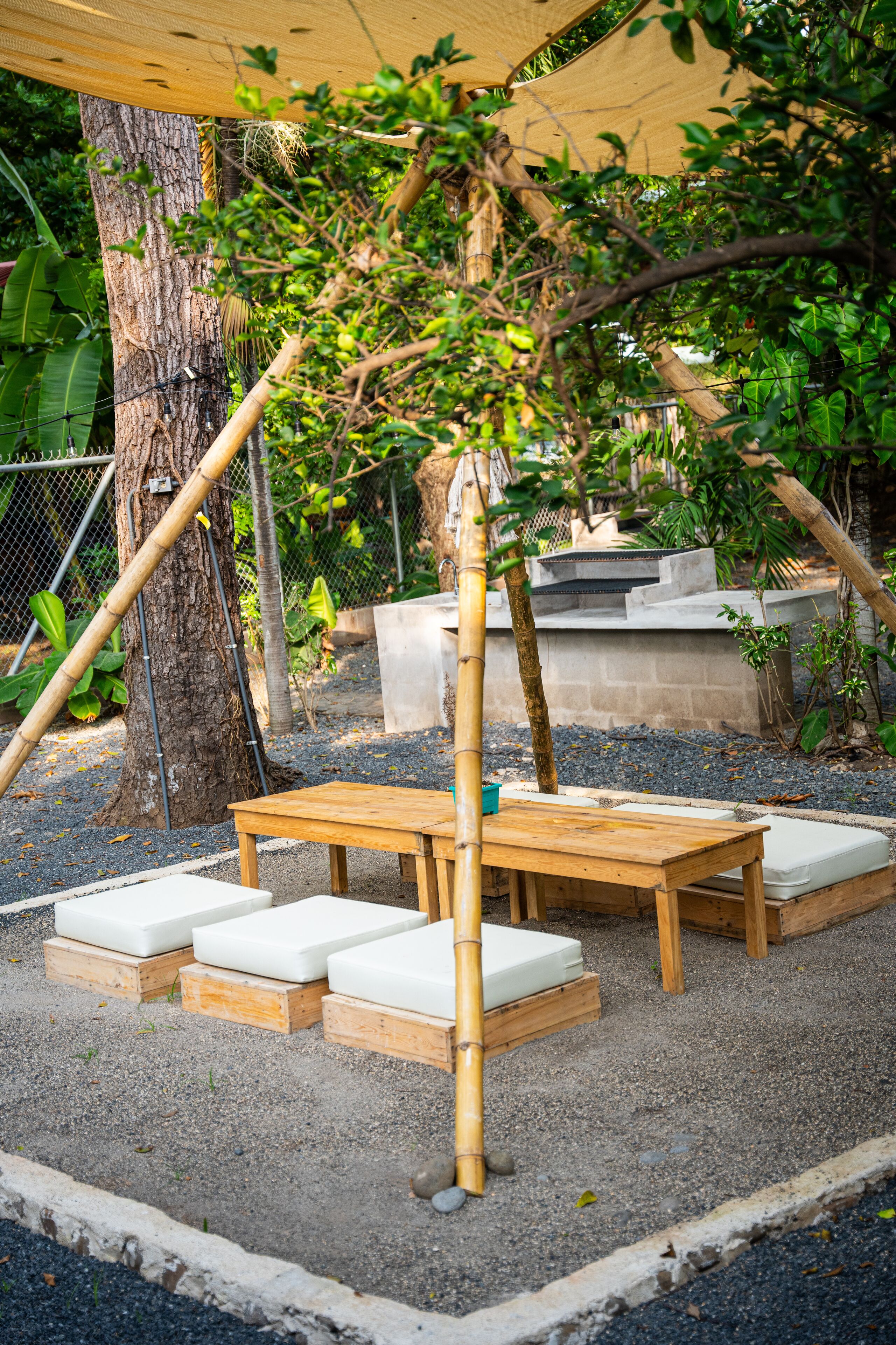 A wooden bench area with cushions, surrounded by a tree and a concrete structure.